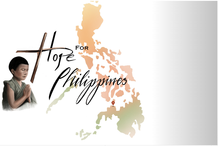 Hope for Philippines — praying child, cross, and map of the Philippines